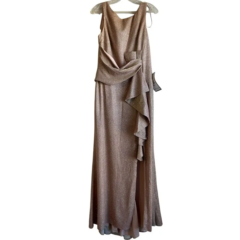 Betsy & Adam Petite Ruffled Shimmer Gown White pink Gold P12